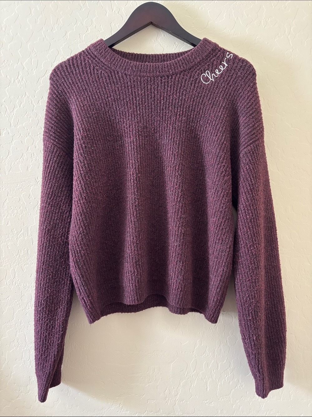 a new day Women's Crewneck Sweater in Plum with “cheers” neck accent